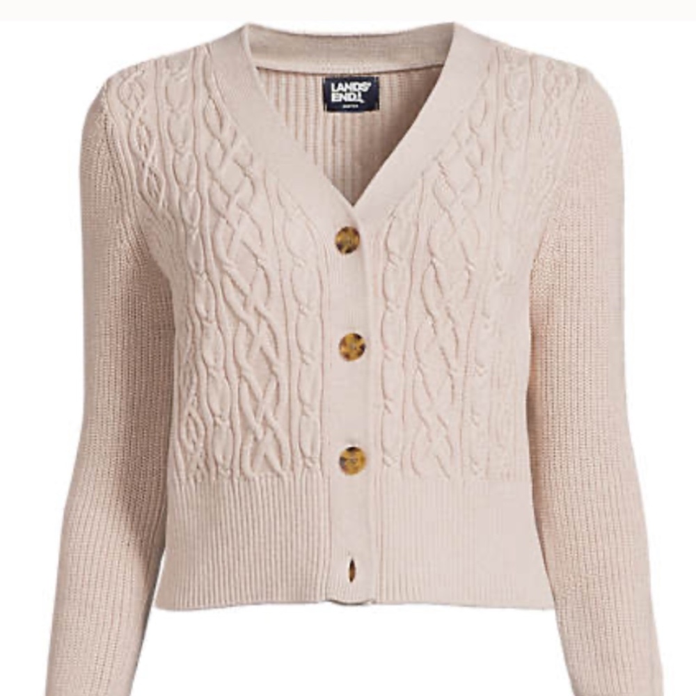 LANDS END Cotton Relaxed Cable SWEATER Size LARGE New Cardigan